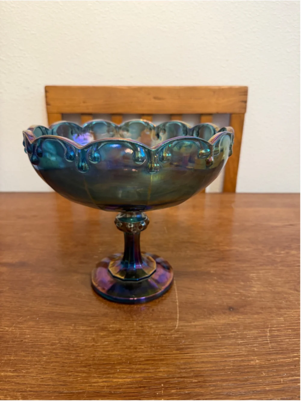 Vintage Blue Carnival Glass Pedestal Compote Bowl Iridescent Scalloped -CH
